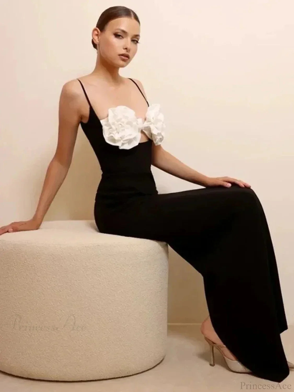 Spaghetti Strap 3D Flower Bandage Maxi Black Sleeveless Party Dress