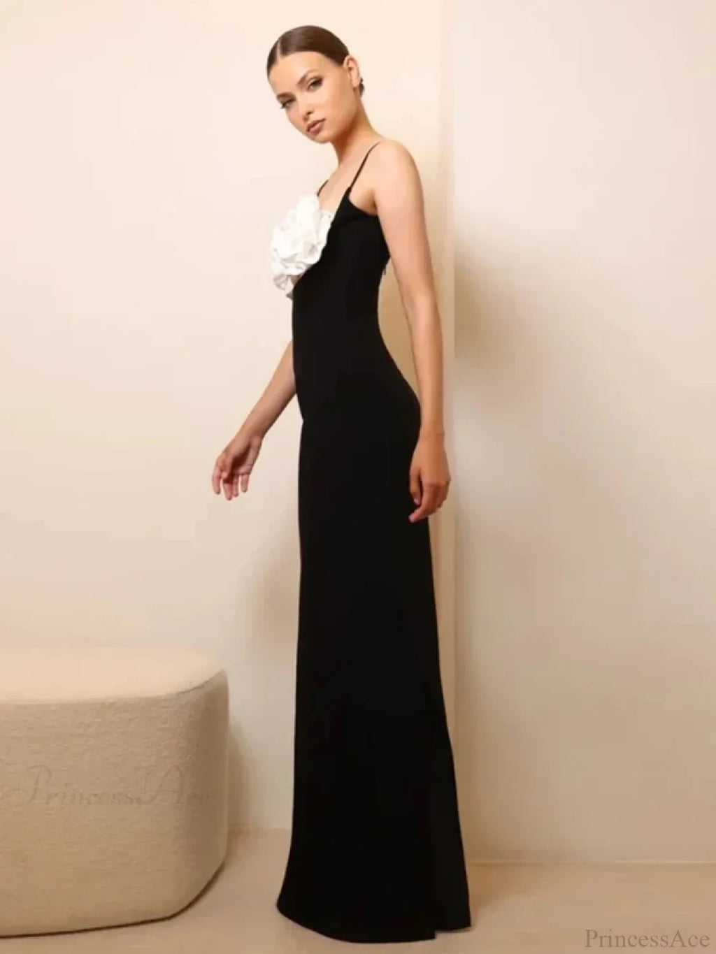 Spaghetti Strap 3D Flower Bandage Maxi Black Sleeveless Party Dress