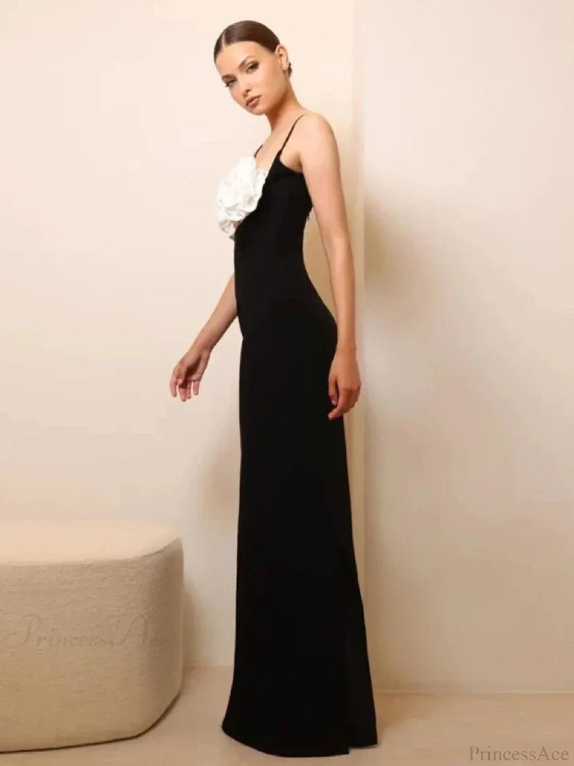 Spaghetti Strap 3D Flower Bandage Maxi Black Sleeveless Party Dress