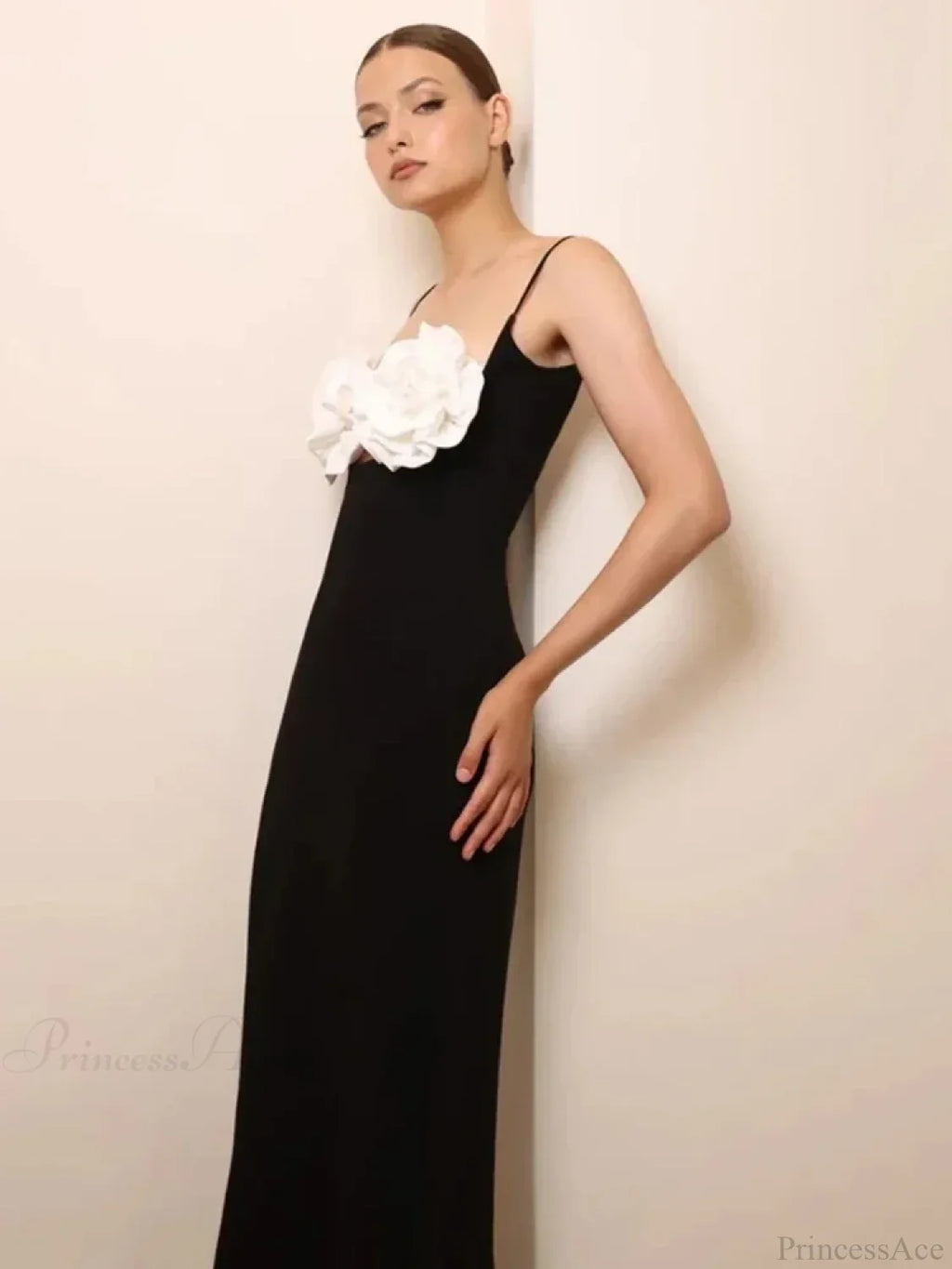 Spaghetti Strap 3D Flower Bandage Maxi Black Sleeveless Party Dress
