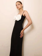 Spaghetti Strap 3D Flower Bandage Maxi Black Sleeveless Party Dress