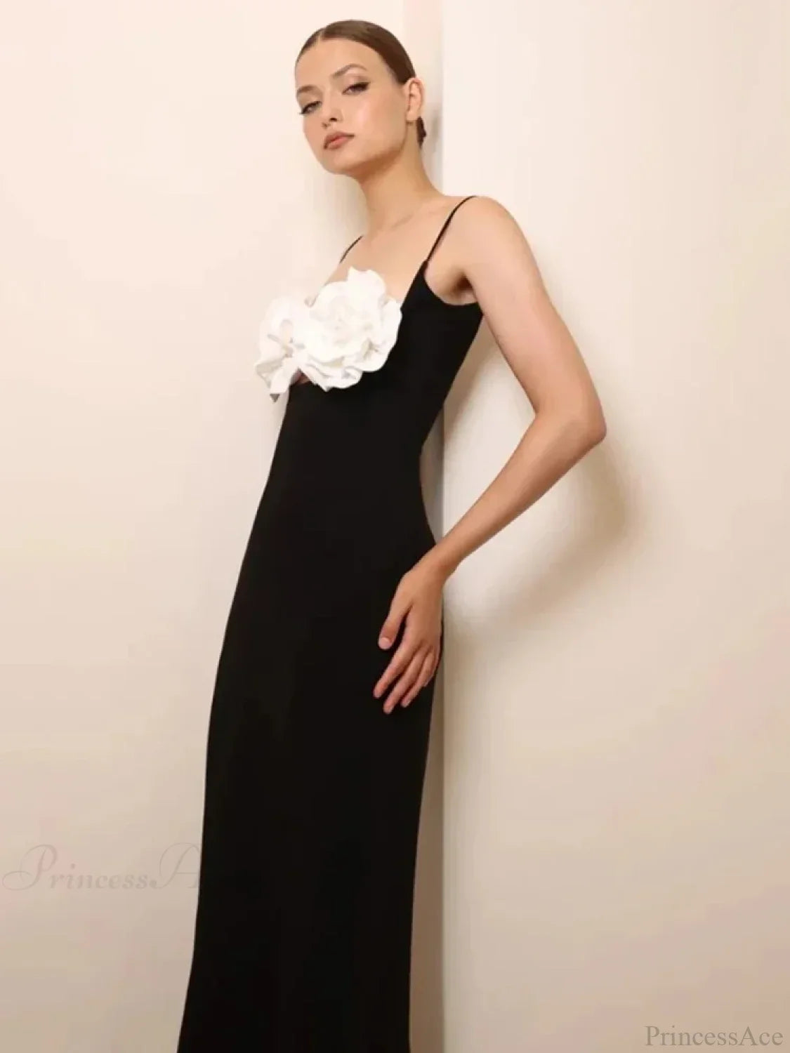 Spaghetti Strap 3D Flower Bandage Maxi Black Sleeveless Party Dress