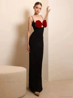 Spaghetti Strap 3D Flower Bandage Maxi Black Sleeveless Party Dress