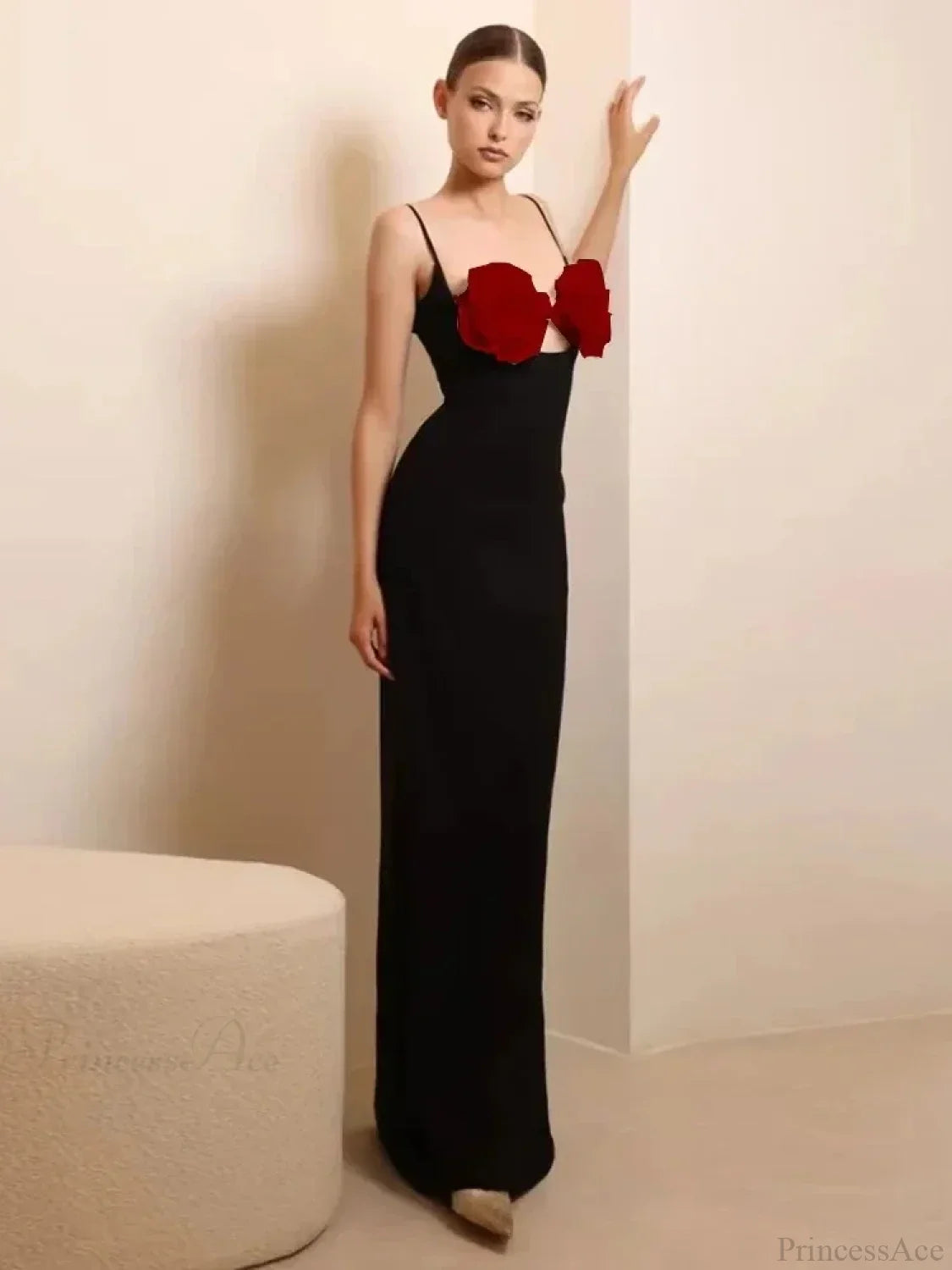 Spaghetti Strap 3D Flower Bandage Maxi Black Sleeveless Party Dress