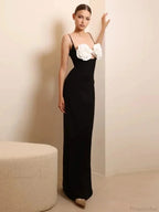 Spaghetti Strap 3D Flower Bandage Maxi Black Sleeveless Party Dress
