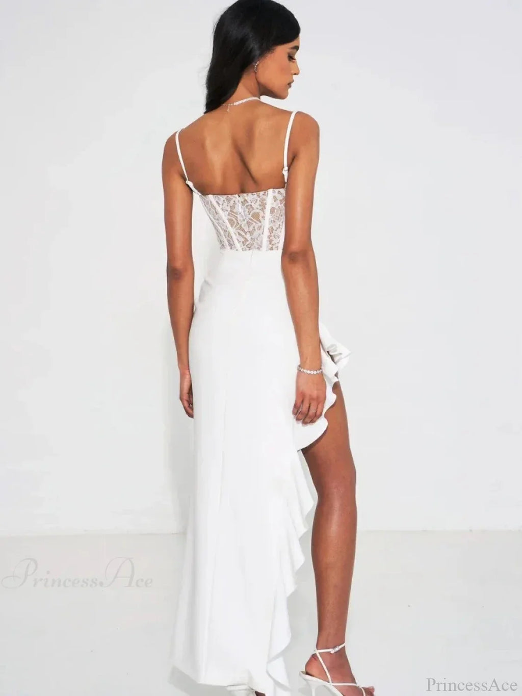 Spaghetti Strap Lace Patchwork Long Dress Sleeveless Ruffles Party