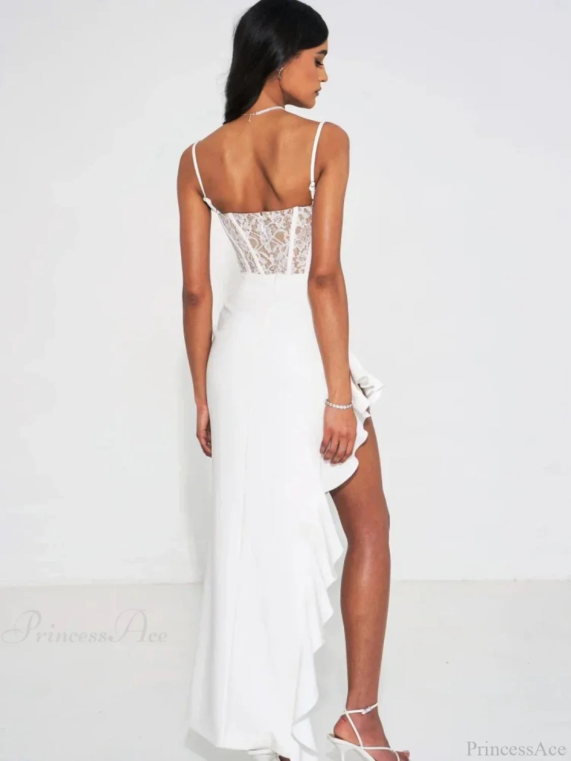Spaghetti Strap Lace Patchwork Long Dress Sleeveless Ruffles Party