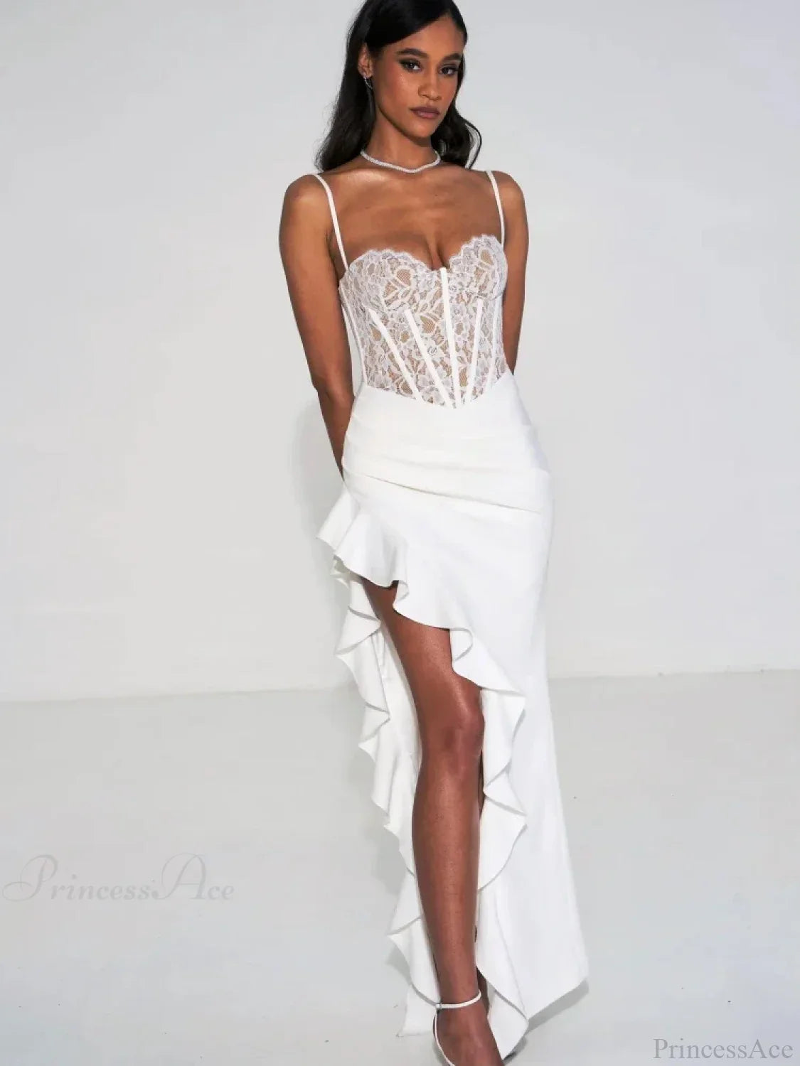 Spaghetti Strap Lace Patchwork Long Dress Sleeveless Ruffles Party