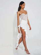 Spaghetti Strap Lace Patchwork Long Dress Sleeveless Ruffles Party