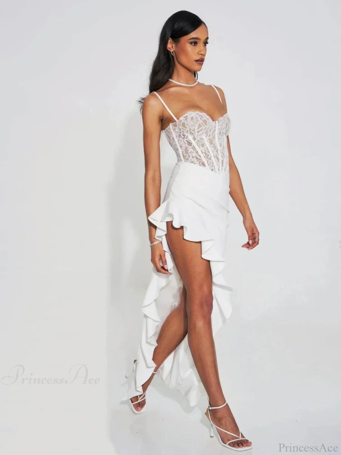 Spaghetti Strap Lace Patchwork Long Dress Sleeveless Ruffles Party