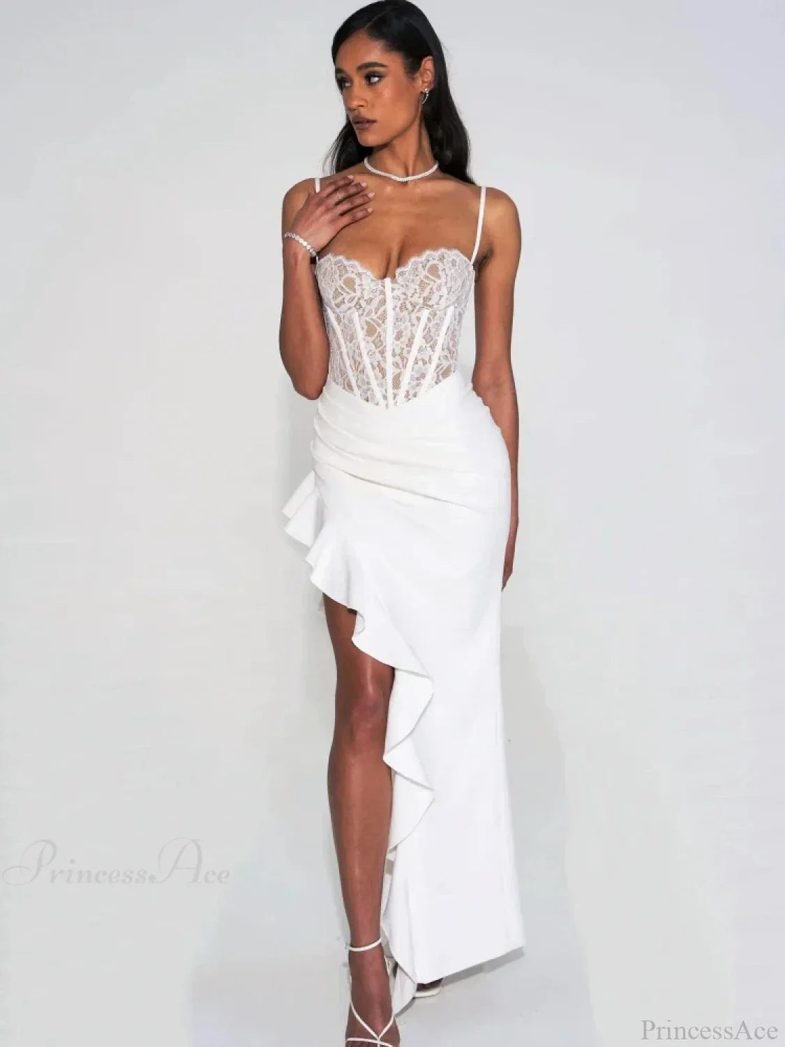 Spaghetti Strap Lace Patchwork Long Dress Sleeveless Ruffles Party