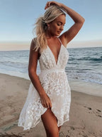 Spaghetti Strap White Embroidered Lace Floral Dress