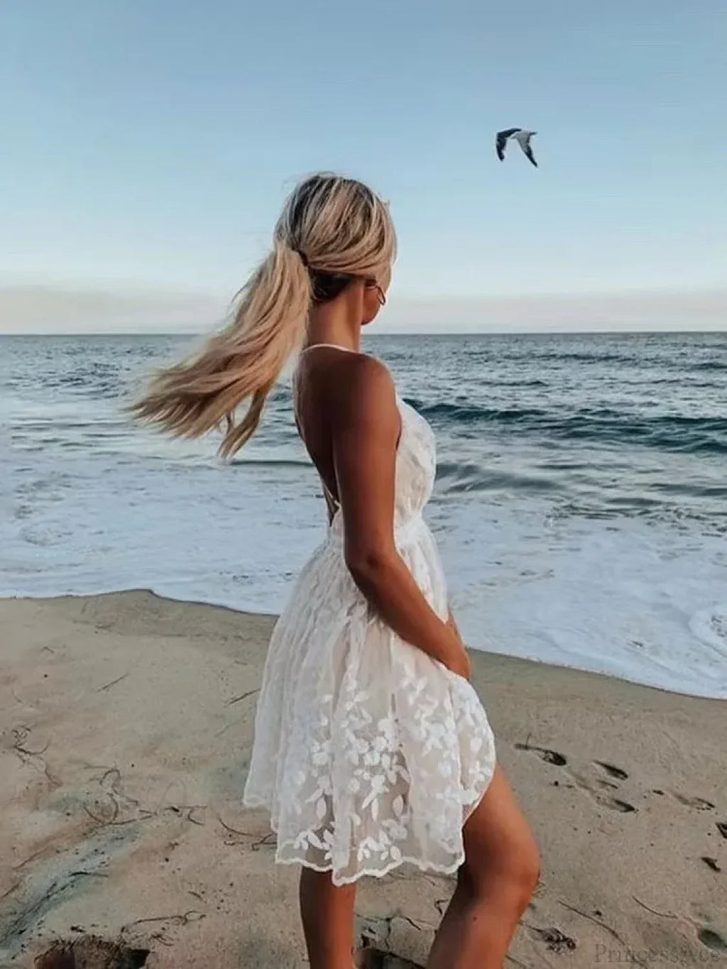 Spaghetti Strap White Embroidered Lace Floral Dress