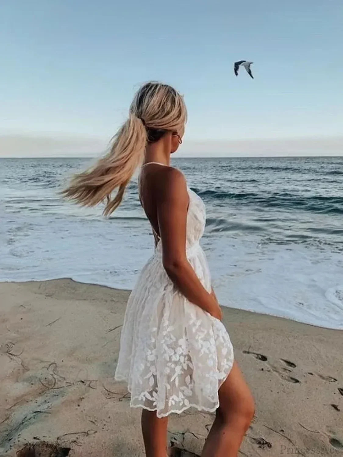 Spaghetti Strap White Embroidered Lace Floral Dress