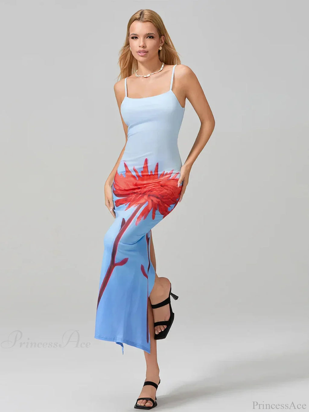 Spaghetti Straps Bodycon O-Neck Wrap Cami Floral Dress