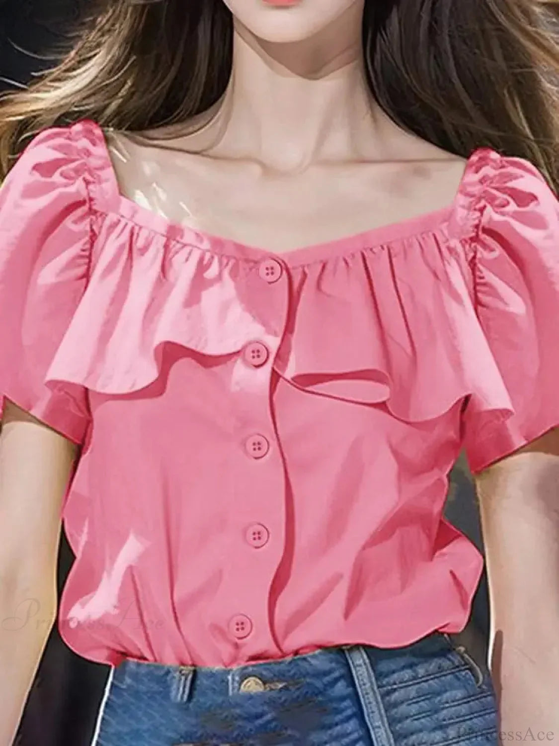 Square Collar Short Sleeve Casual Blouse
