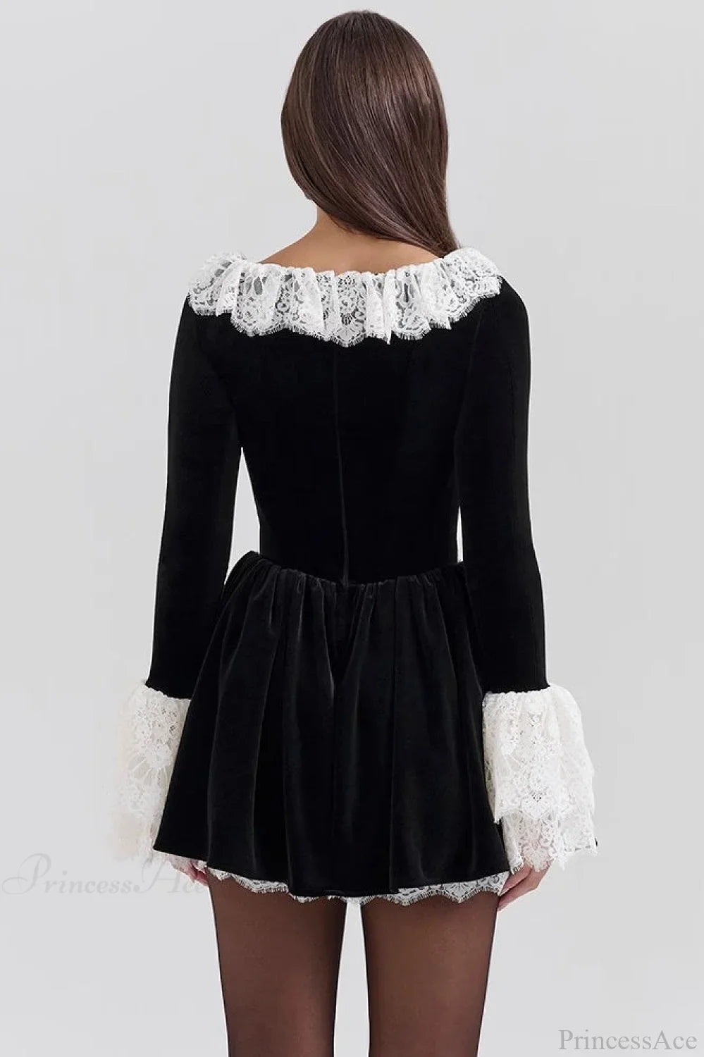 Square Neck Lace Trim Flared Sleeve Mini Dress