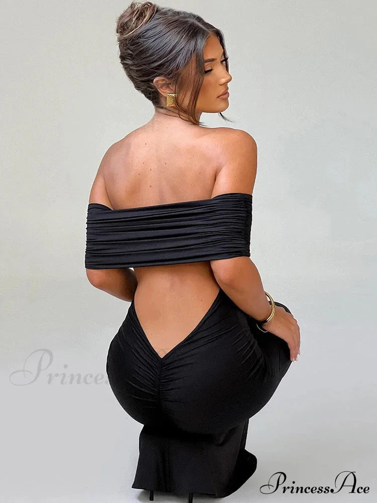 Strapless Backless Maxi Dress - Solid Off-Shoulder Sleeveless Bodycon Party