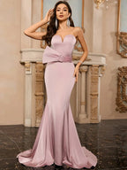 Strapless Backless Mermaid Dress Pink Sleeveless V Neck Party