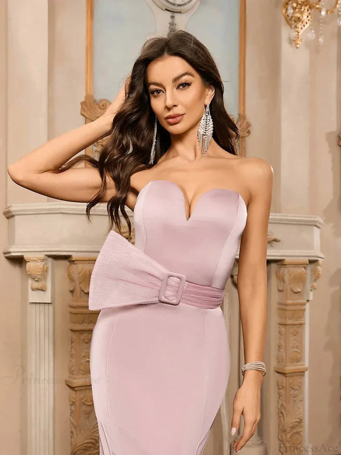 Strapless Backless Mermaid Dress Pink Sleeveless V Neck Party