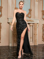 Strapless Bright Silk Printed Black Mesh Sleeveless Backless Party Dress