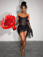 Strapless Corset Lace Mini Dress Asymmetrical Draped Celebrity Cocktail Party