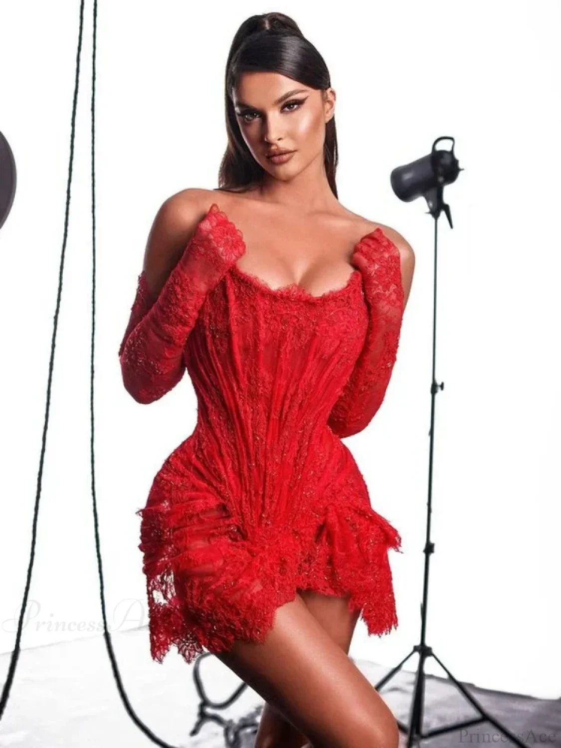 Strapless Corset Lace Mini Dress Asymmetrical Draped Celebrity Cocktail Party