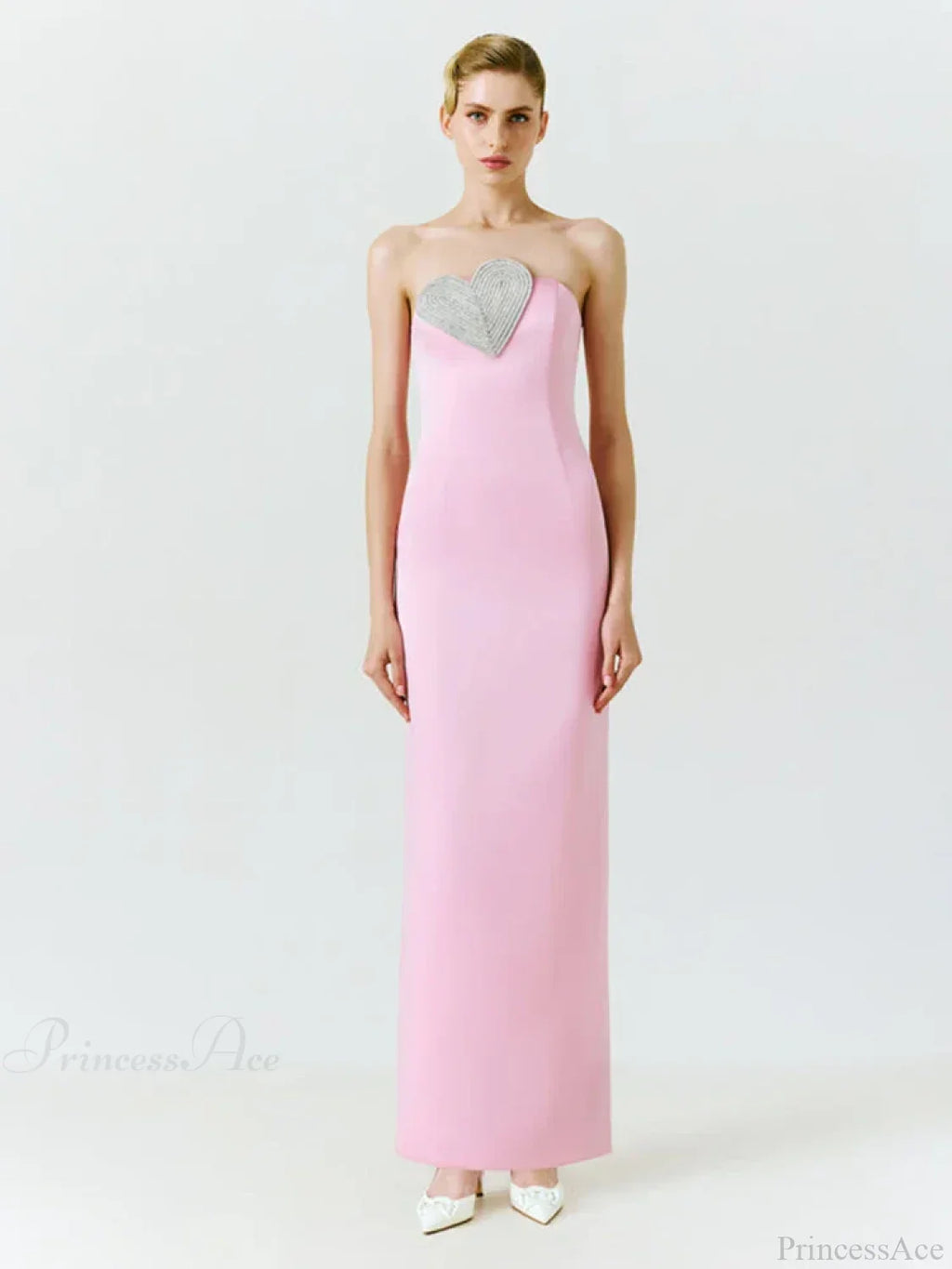 Strapless Heart Crystal Design Long Pink Sleeveless Diamonds Elegant Party Dress