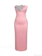 Strapless Heart Crystal Design Long Pink Sleeveless Diamonds Elegant Party Dress