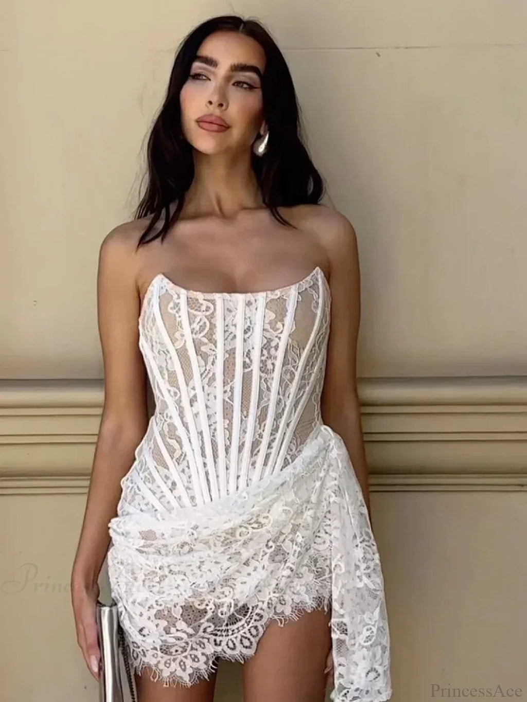 Strapless Lace Corset Mini Dress Sleeveless Lace-Up Draped Bodycon Party