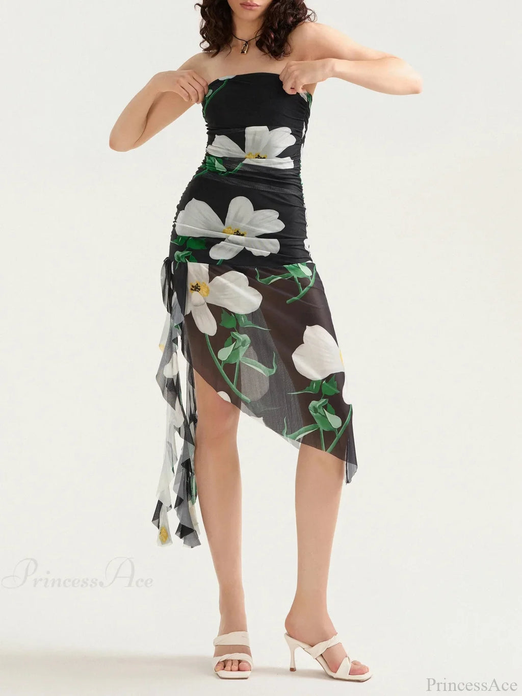 Strapless Ruffle Tassel Mini Floral Dress
