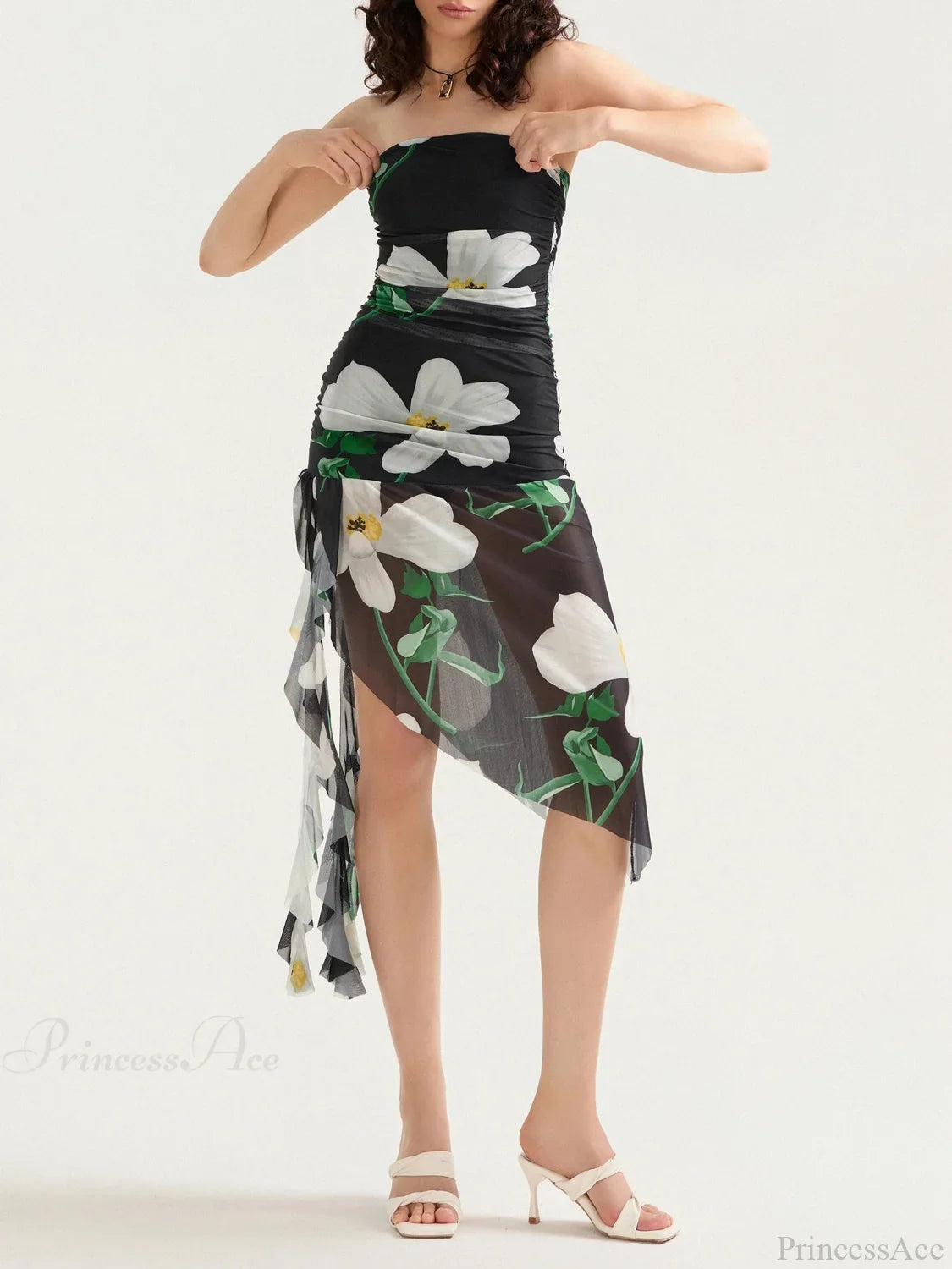 Strapless Ruffle Tassel Mini Floral Dress
