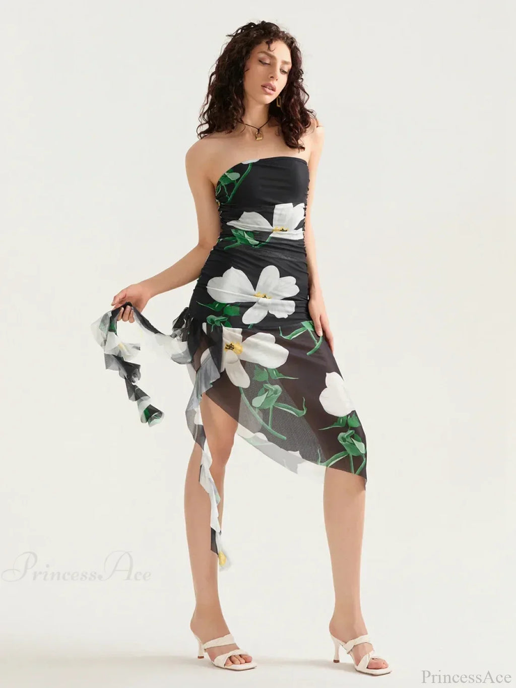 Strapless Ruffle Tassel Mini Floral Dress