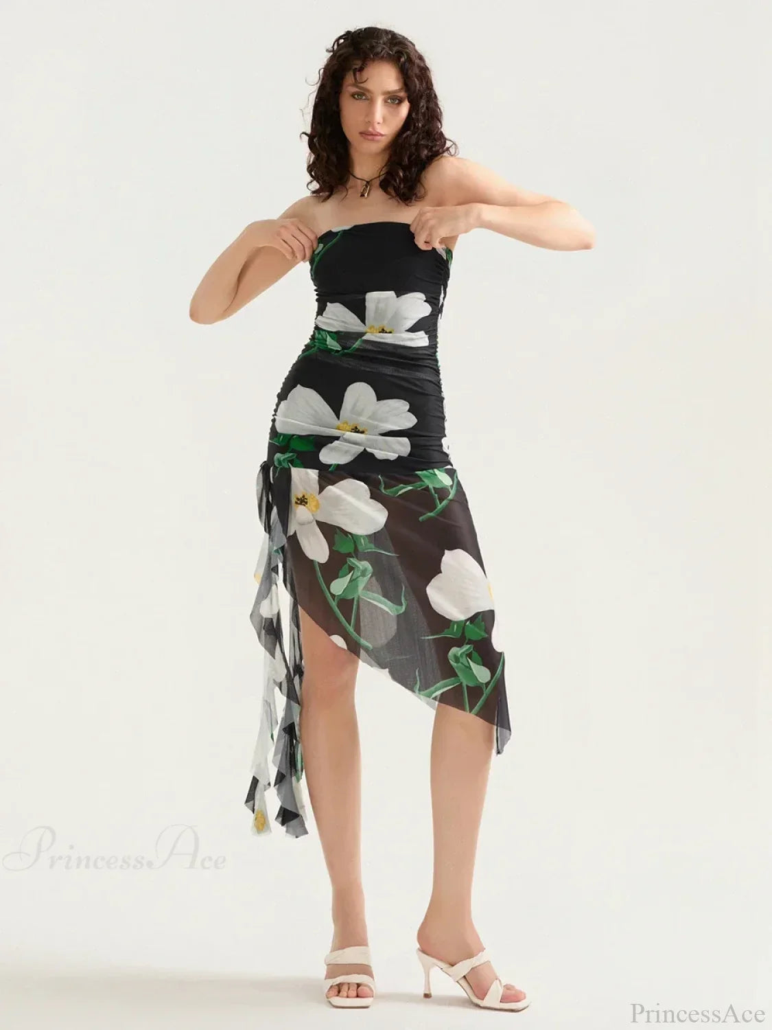 Strapless Ruffle Tassel Mini Floral Dress