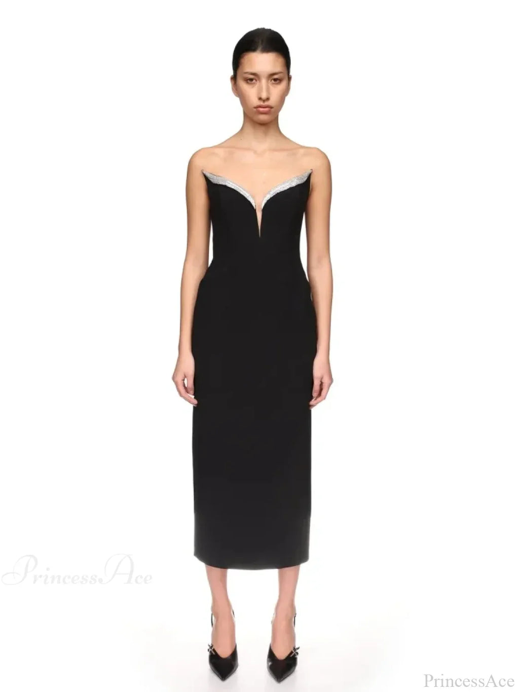 Strapless V Neck Diamonds Bandage Black Sleeveless Party Dress