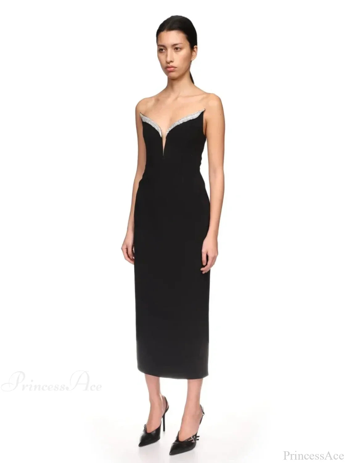 Strapless V Neck Diamonds Bandage Black Sleeveless Party Dress