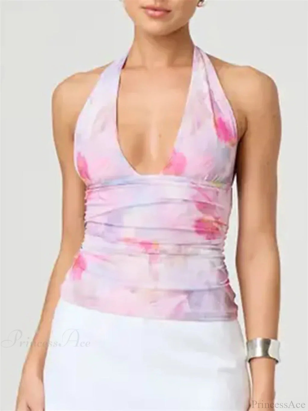 Tie-Up Halter Tie-Dye Ruched Crop Top