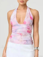 Tie-Up Halter Tie-Dye Ruched Crop Top