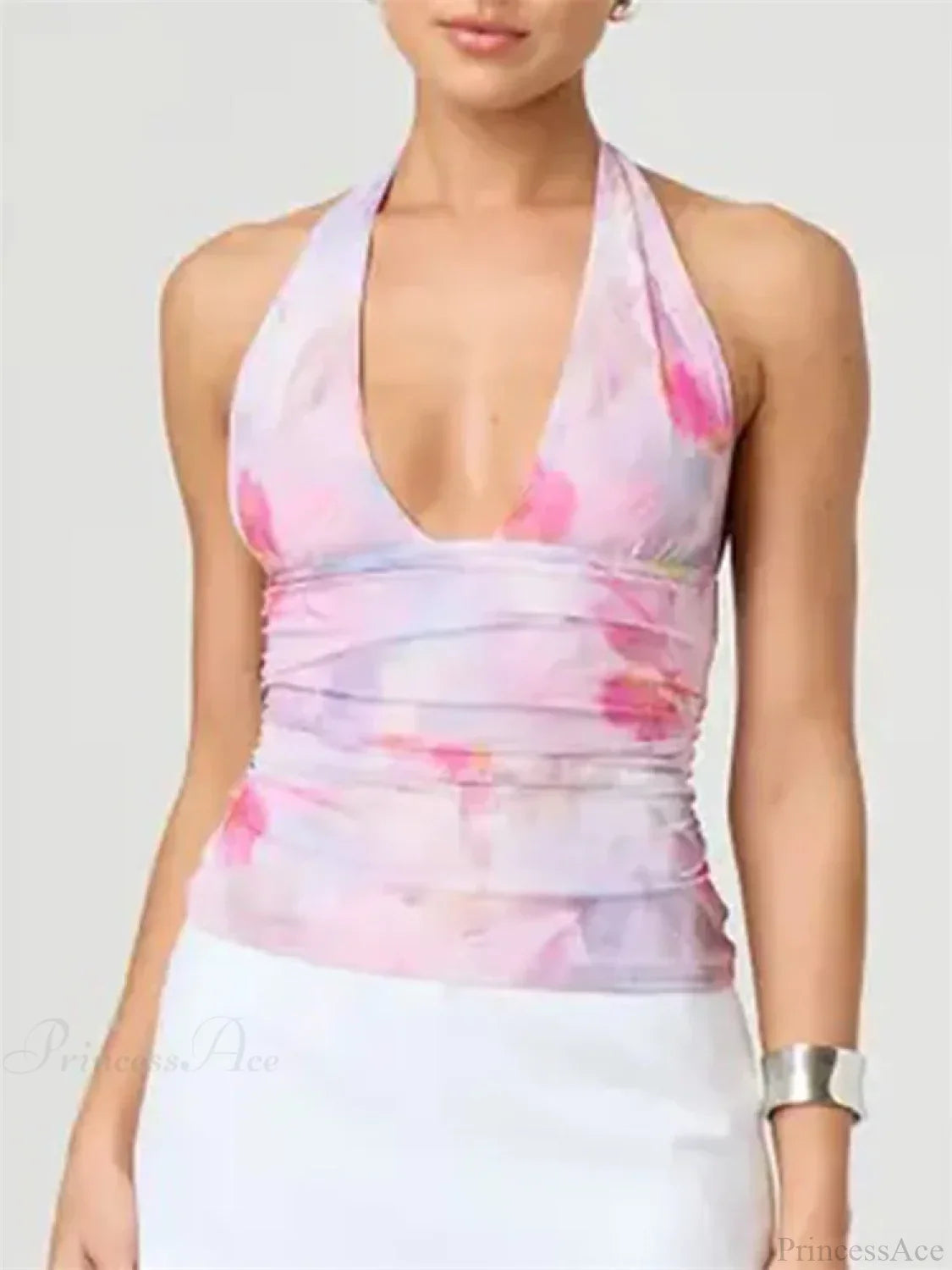 Tie-Up Halter Tie-Dye Ruched Crop Top