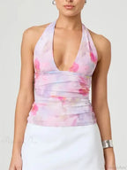 Tie-Up Halter Tie-Dye Ruched Crop Top