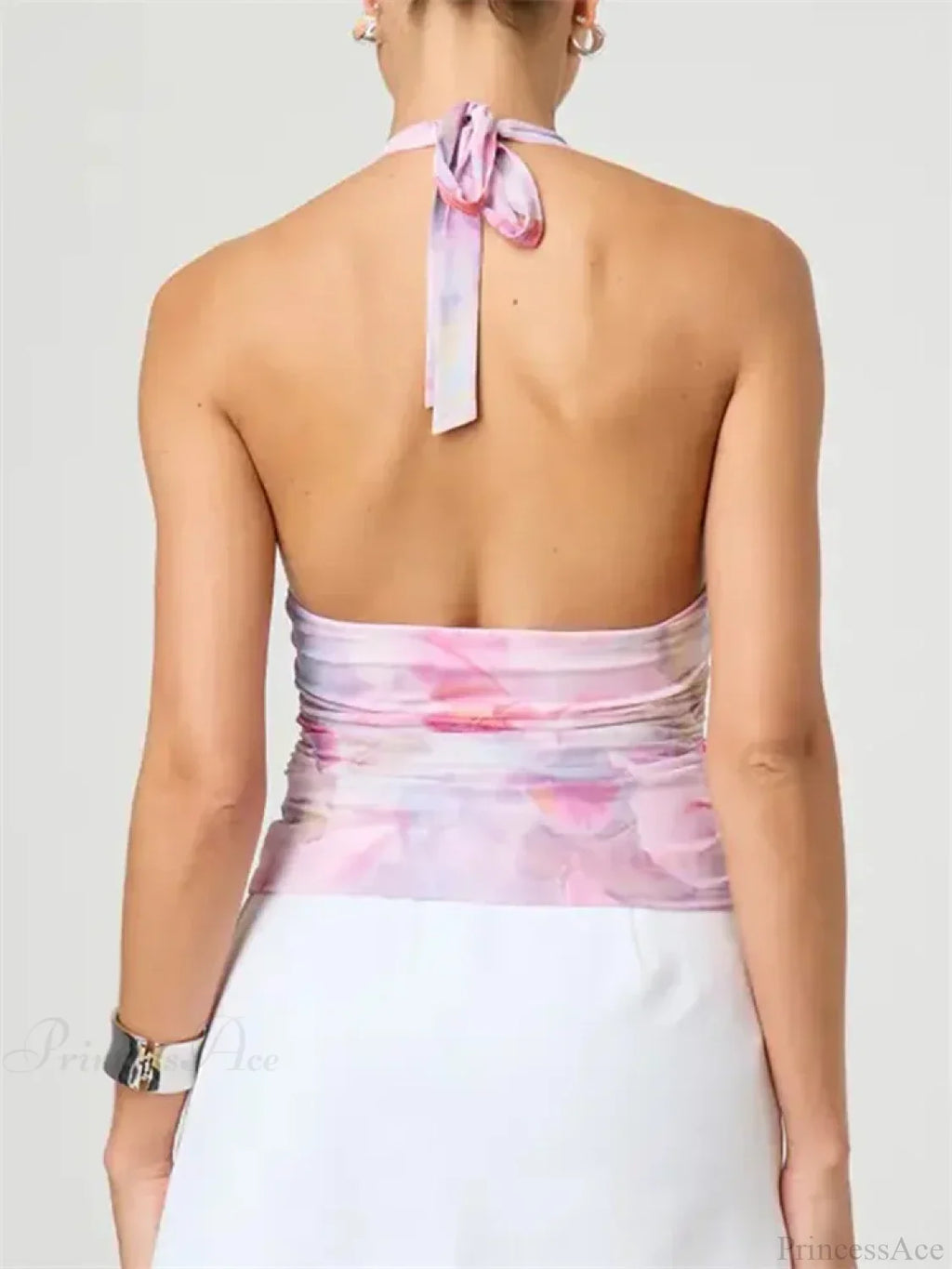 Tie-Up Halter Tie-Dye Ruched Crop Top