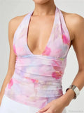 Tie-Up Halter Tie-Dye Ruched Crop Top