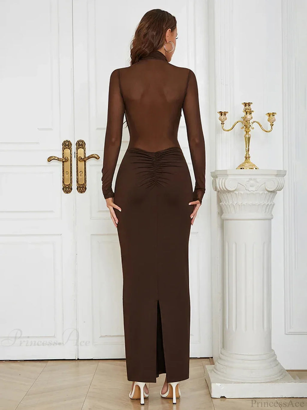 Turtleneck Mesh Patchwork Folds Brown Long Sleeve Draped Party Dress