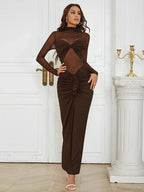 Turtleneck Mesh Patchwork Folds Brown Long Sleeve Draped Party Dress