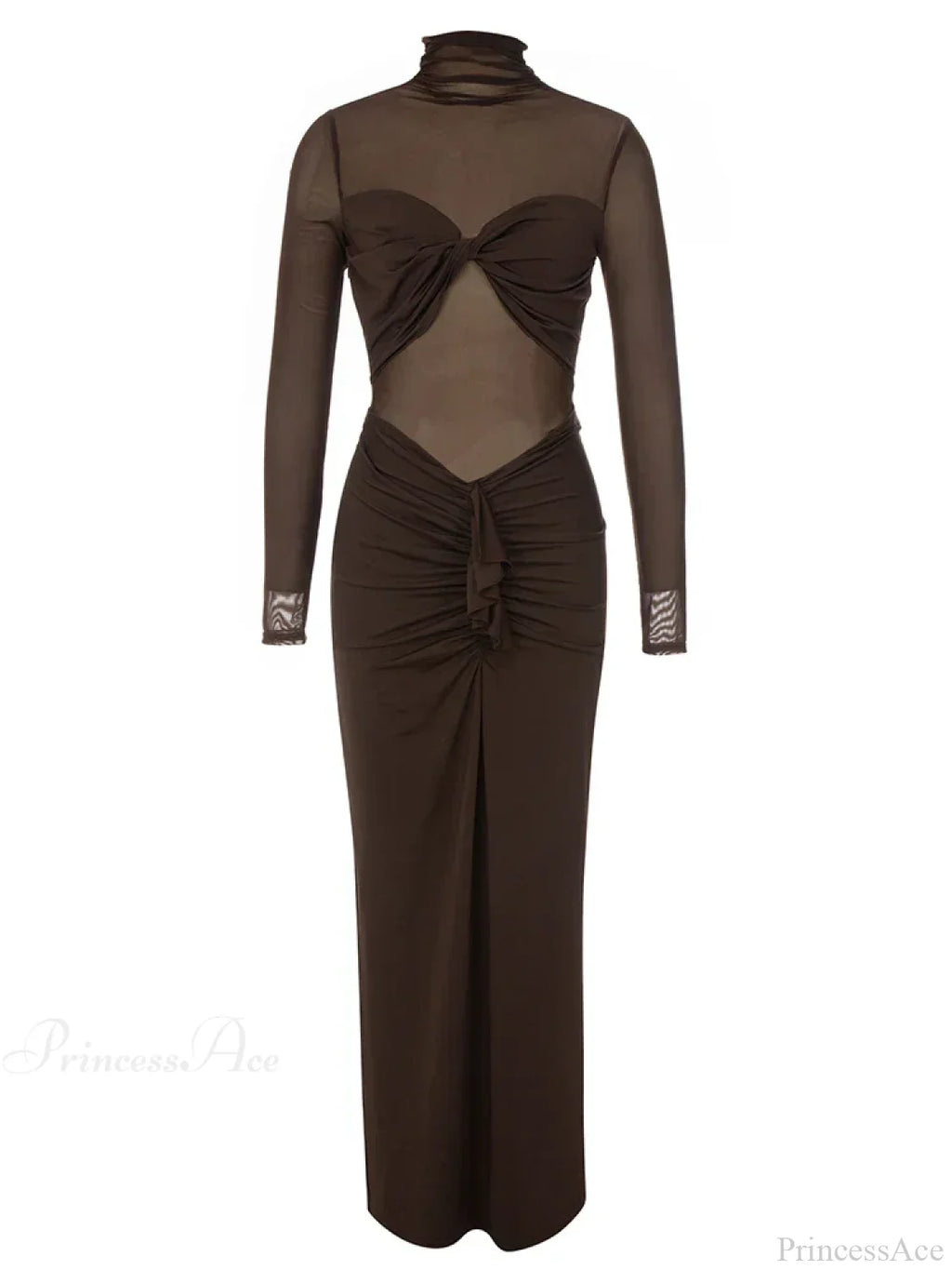 Turtleneck Mesh Patchwork Folds Brown Long Sleeve Draped Party Dress