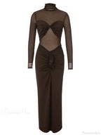 Turtleneck Mesh Patchwork Folds Brown Long Sleeve Draped Party Dress