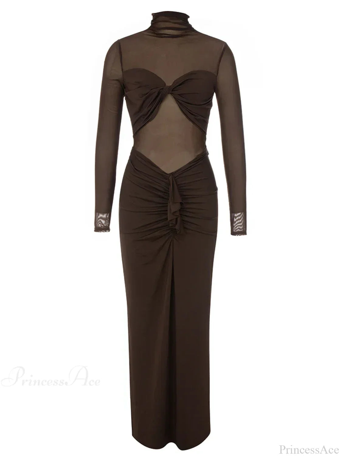 Turtleneck Mesh Patchwork Folds Brown Long Sleeve Draped Party Dress