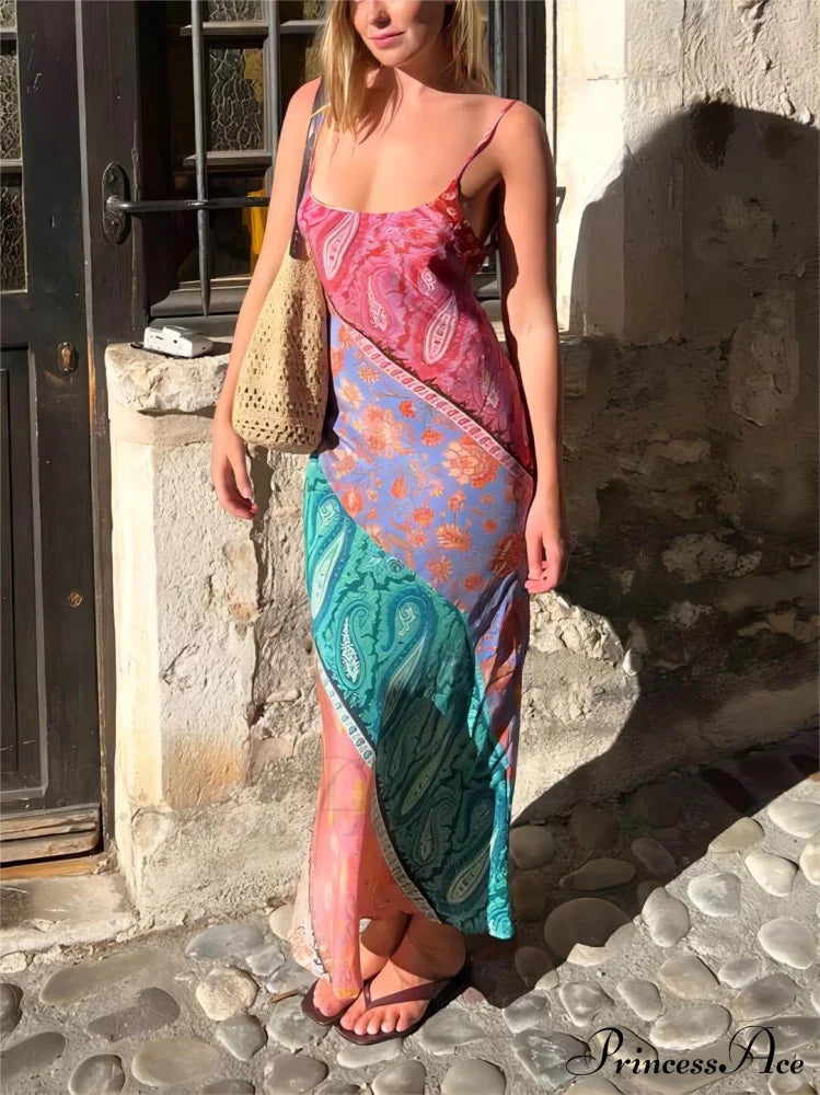 U-Neck Backless Bosnian Graceful Print Suspender Maxi Dress