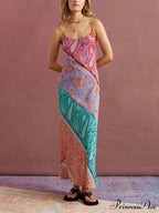 U-Neck Backless Bosnian Graceful Print Suspender Maxi Dress