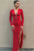 U Neck Tie Side Slit Long Sleeve Bodycon Maxi Dress
